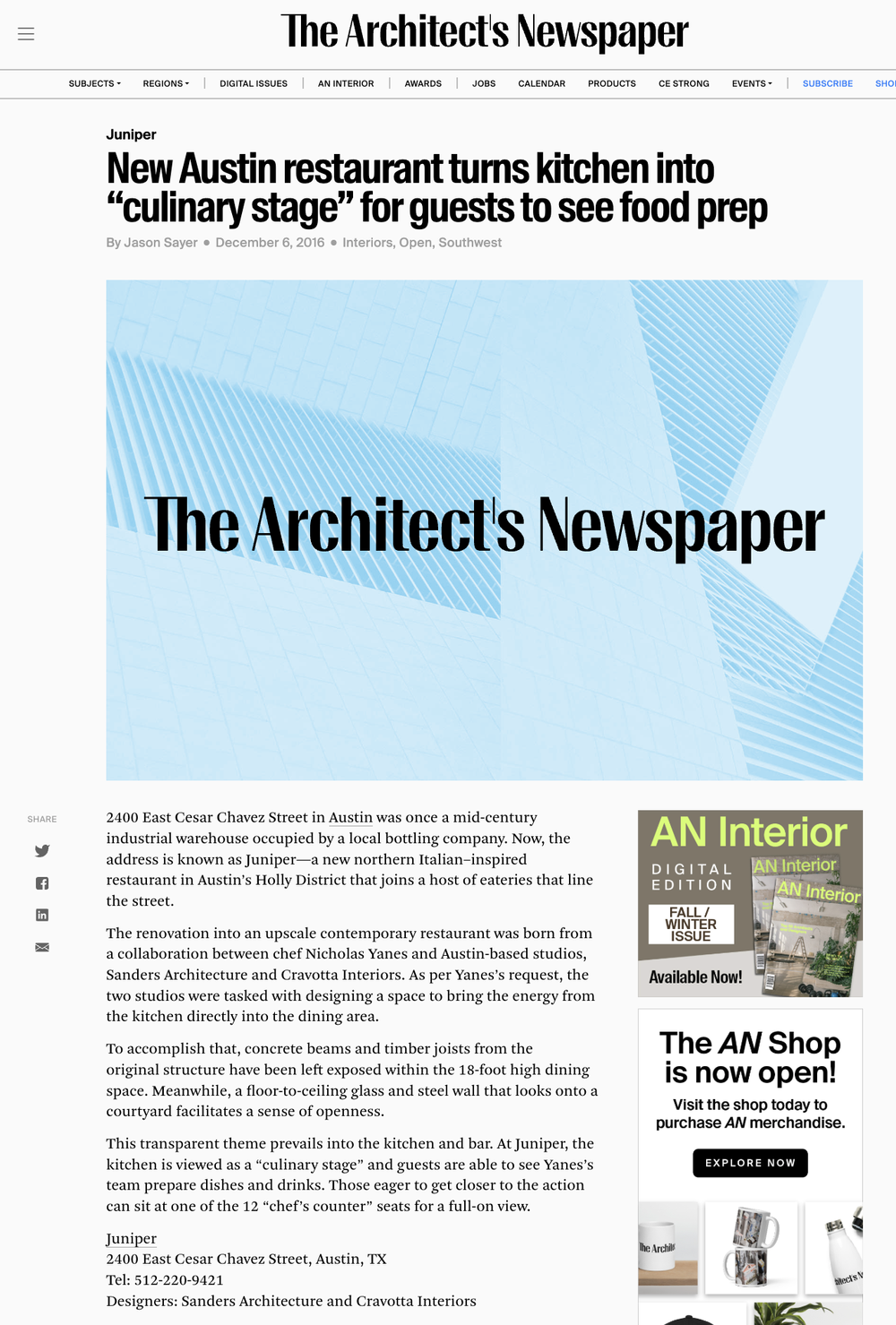 The Architect's Newspaper — New Austin restaurant turns kitchen into “culinary stage” for guests to see food prep